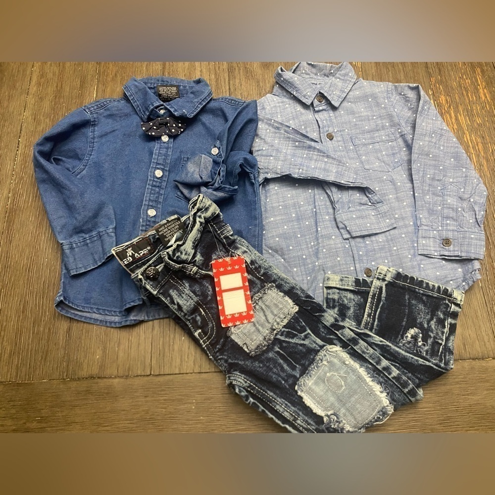 Lot OF 3 Distressed Jeans nwt and 2 button down  Shirts  Size 2T